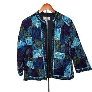 Life Style Petite Jacket Women PXL Black Blue Embroidered Art Boho Open Front